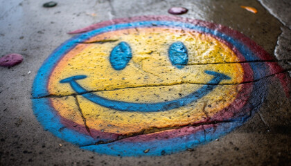 Smiling, fun, cheerful, happiness, multi colored, joy, symbol, outdoors, yellow, blue generated by AI