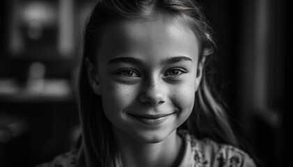Fototapeta premium Smiling portrait of one cheerful Caucasian girl looking at camera generated by AI