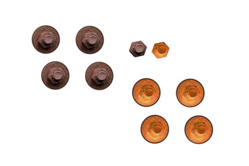 Screwed in old brass and steel screws painted with brown paint on isolated transparent background