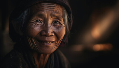 Smiling senior woman, wrinkles show happiness, traditional clothing, indigenous culture generated by AI