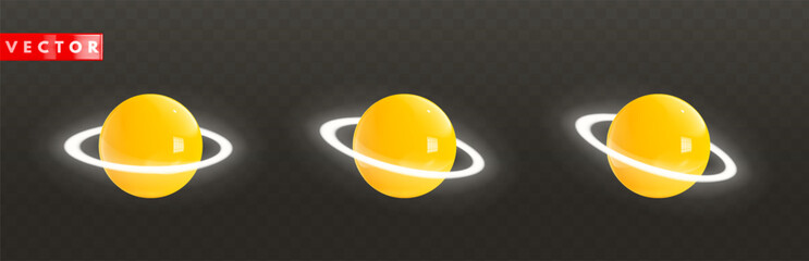 Set of glossy golden 3d Saturn icons with white neon glowing rings around in realistic style rendering. Yellow cartoon plastic planets isolated on transparent dark background. Vector illustration © Heiness