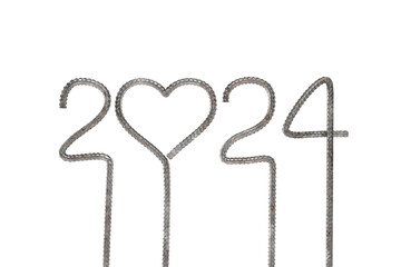 New Year 2024. Numbers are bent from rusty steel reinforcement. Construction concept. Transparent background. 3D rendering