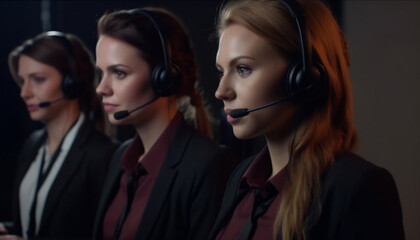Young adult businesswoman smiling, talking on headset in a call center generated by AI