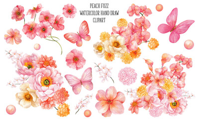 Watercolor hand draw clipart with flowers in peach fuzz colors, abstract shapes and cute butterfly, isolated on transparent background. Bouquet, frame for wedding invitation, cards, poster