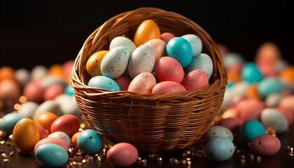 Festive Easter Basket with Speckled Eggs painted in pastel shades Golden Glitter AI Generated