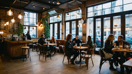 Interior view of a trendy café with big windows and high ceilings and people sitting and talking and drinking coffee
