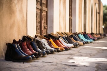 Shoes lined up in front of a religious building.