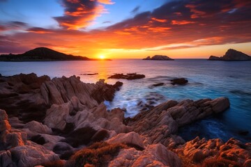 Fototapeta na wymiar Stunning sunset on a rocky coast by the ocean.