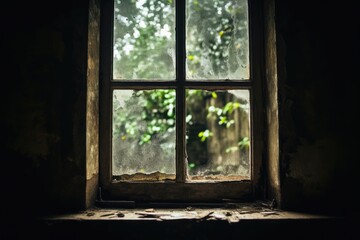 View out of a dirty old window.