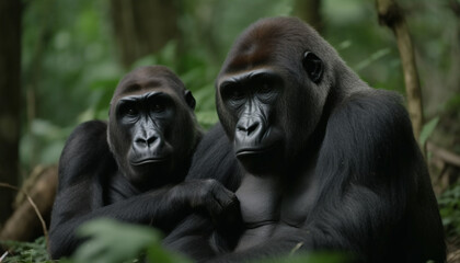 Obraz premium A cute monkey sitting in the forest, looking at camera generated by AI