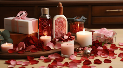 Valentine's Day spa set with rose petals and oils