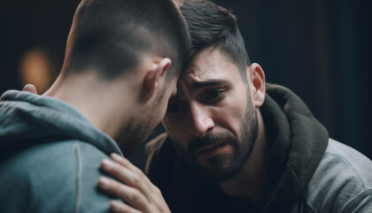 Obraz premium Two young adult males, Caucasian ethnicity, embracing outdoors, smiling, in love generated by AI