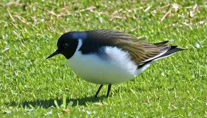 Wild bird standing on grass looking for seeds to eat.