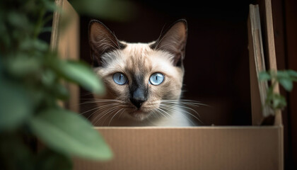 Cute kitten staring, fluffy fur, playful, curious, nature pampered pet generated by AI