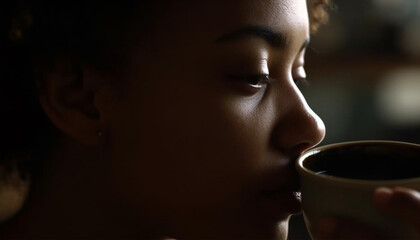 One woman enjoying coffee indoors, looking out the window peacefully generated by AI