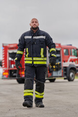 A symbolically brave firefighter strides forward with unwavering courage, epitomizing dedication...