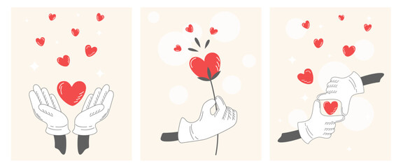 Set of vector illustrations with hands and hearts on a pink background. Greeting cards, banner for Valentine's Day.