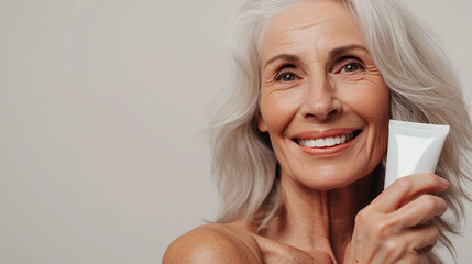 Close up portrait of attractive senior woman with rejuvenating skin care cream