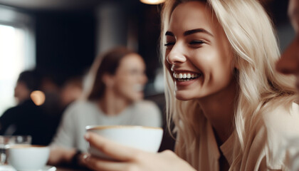 Smiling women enjoying coffee, friendship, relaxation, and togetherness indoors generated by AI