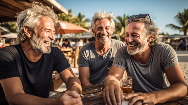 Old mature men friends meeting in city beach cafe and go to drink cocktails