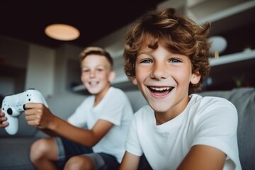 Excited children playing video games PS5 XBOX controller console two kids friends