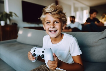 Excited children playing video games PS5 XBOX controller console two kids friends