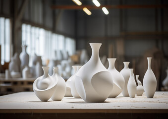 Fototapeta na wymiar white ceramic vase on a table in a pottery workshop