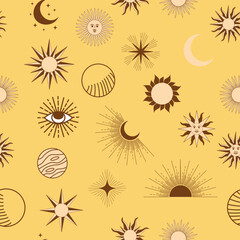 Magic seamless pattern with constellations, sun, moon, magic eyes, clouds and stars. Mystical esoteric