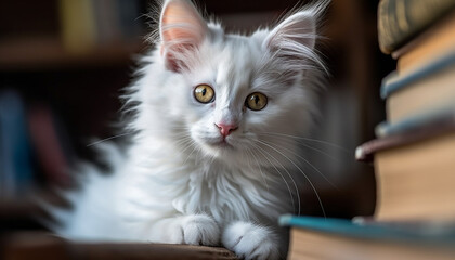Cute kitten sitting, looking at camera with softness and curiosity generated by AI