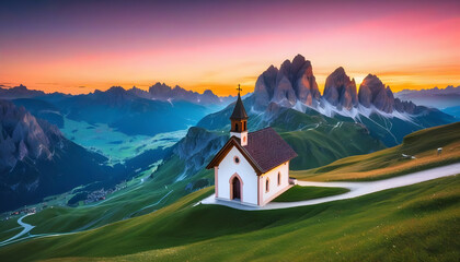 Incredible view on small iIlluminated chapel - Kapelle Ciapela on Gardena Pass, Italian Dolomites mountains. Colorful sunset in Dolomite Alps, Italy. Landscape - obrazy, fototapety, plakaty