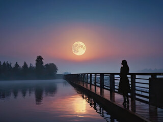 Silhouette of Woman Standing on Bridge over Water at Night Large Moon in Background