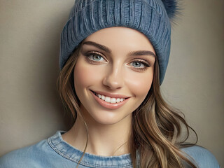 Pretty Woman Brunette Hair, Smiling Wearing Knit Stocking Hat