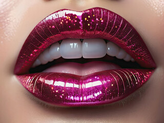 Close up of Womans Lips, Teeth Shiny Dark Red Lipstick with Glitter