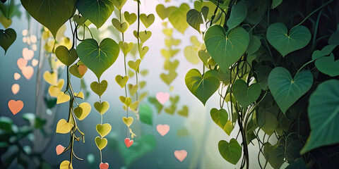 Green Vines with Hanging Heart Shaped Leaves DOF Valentines Day Background Wallpaper