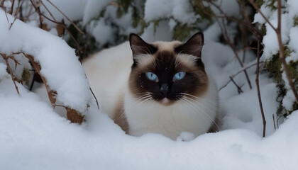 Cute kitten sitting in snow, staring with blue eyes generated by AI