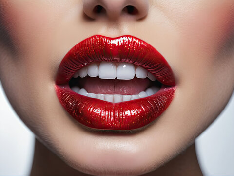 Close Up of a Woman's Mouth Lips Open Shiny Red Lipstick, Perfect Teeth