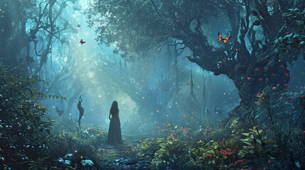 Girl in enchanted forest with magical creatures, AI Generated - obrazy, fototapety, plakaty