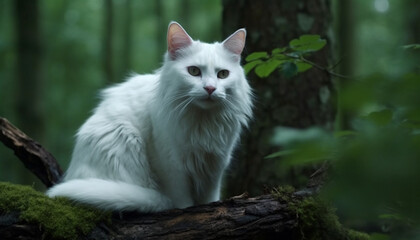 Obraz premium Cute kitten sitting on tree branch, staring with curiosity generated by AI