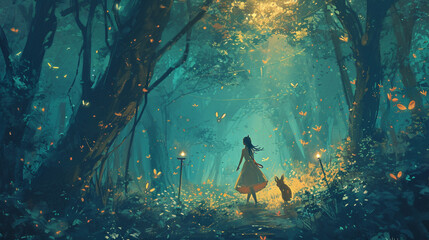 Girl in enchanted forest with magical creatures, AI Generated