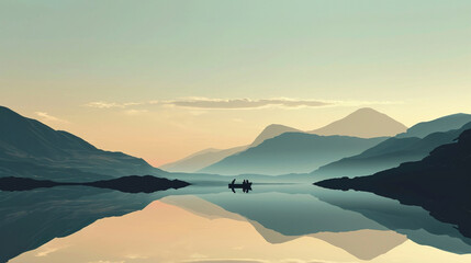 Minimalist design of serene lake scene, AI Generated
