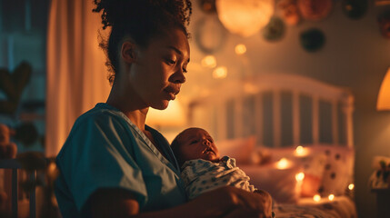 Nurse and newborn under soft glow of nursery lamp, AI Generated