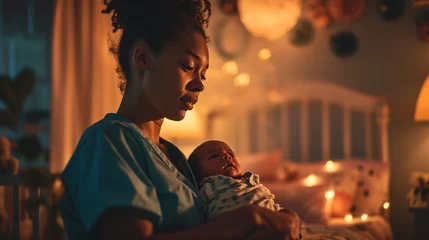 Fotobehang Nurse and newborn under soft glow of nursery lamp, AI Generated © Shining Pro