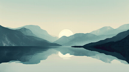 Fototapeta na wymiar Minimalist design of serene lake scene, AI Generated
