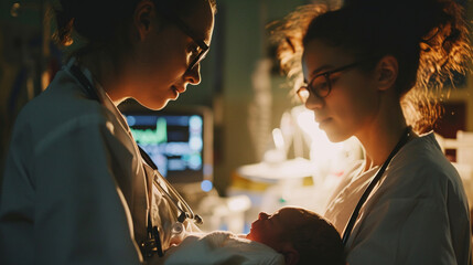 Peaceful moment of nurse checking newborn's vitals, AI Generated