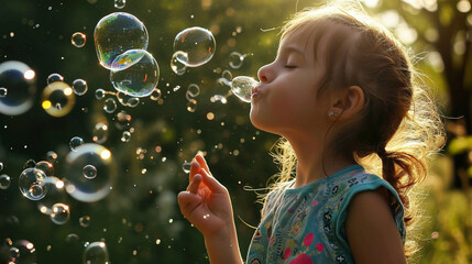 Playful girl blowing bubbles, AI Generated