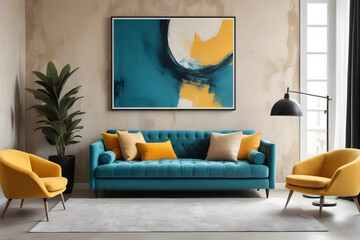 Loft style design for a modern living room. Dark turquoise tufted sofa with yellow pillows, against the background of a beige wall made of decorative plaster. There is a poster of abstract art hanging