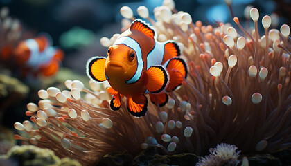Clown fish swimming in colorful reef, underwater beauty in nature generated by AI