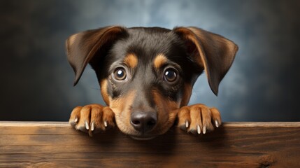 cute brown puppy dog peeping over a wooden fence, with its paws on the top board, studio background