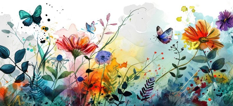 Colorful watercolor painting of flowers and butterflies with splashes. Art and creativity.