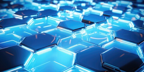 a hexagonal background with a few light reflections, in the style of white and azure, mechanized forms, luminescent lightscapes, glazed surfaces, photorealistic compositions